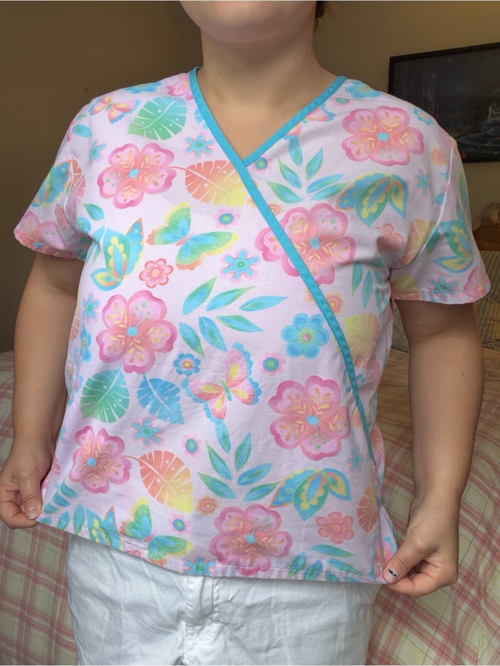 Cherokee Pink Floral Print Scrub Top